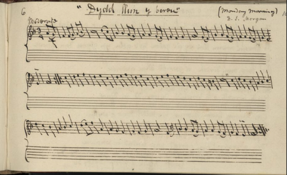 Sheet music titled "Dydd Llun y Boreu", and a tempo marked as "Moderato."