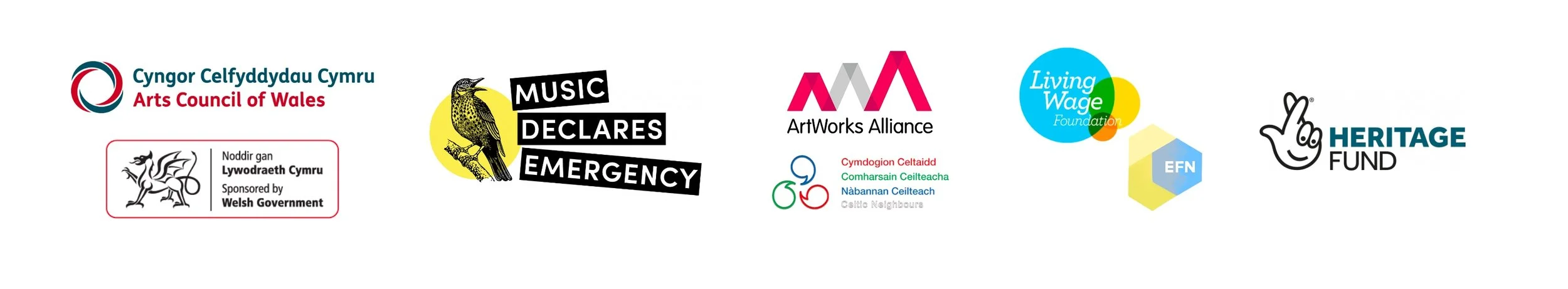 Logos of various partner organizations, including Arts Council of Wales, Music Declares Emergency, ArtWorks Alliance, Living Wage Foundation, and Heritage Fund.