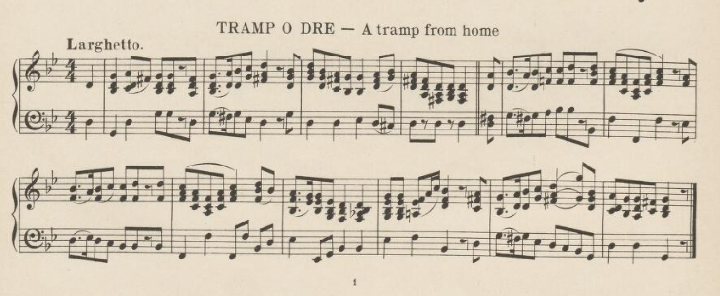 Sheet music titled "Tramp O Dre " in larghetto tempo.
