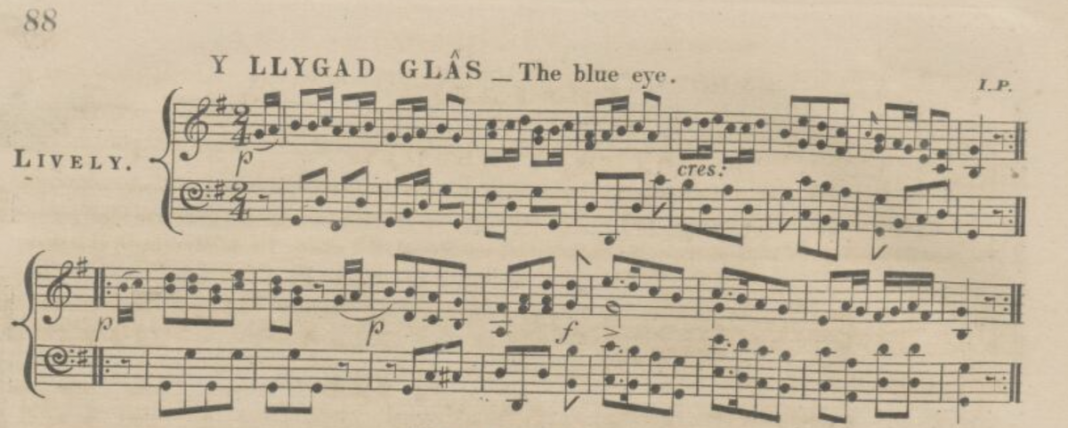 Sheet music titled "Y Llygad Glâs" , notated as 'lively'.