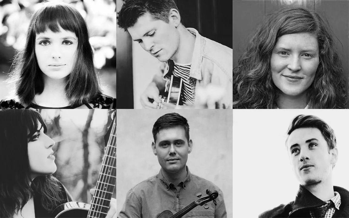 Collage of six black and white portraits of musicians from Dros Y Ffin project, including three women and three men, some with musical instruments like a guitar and violin.