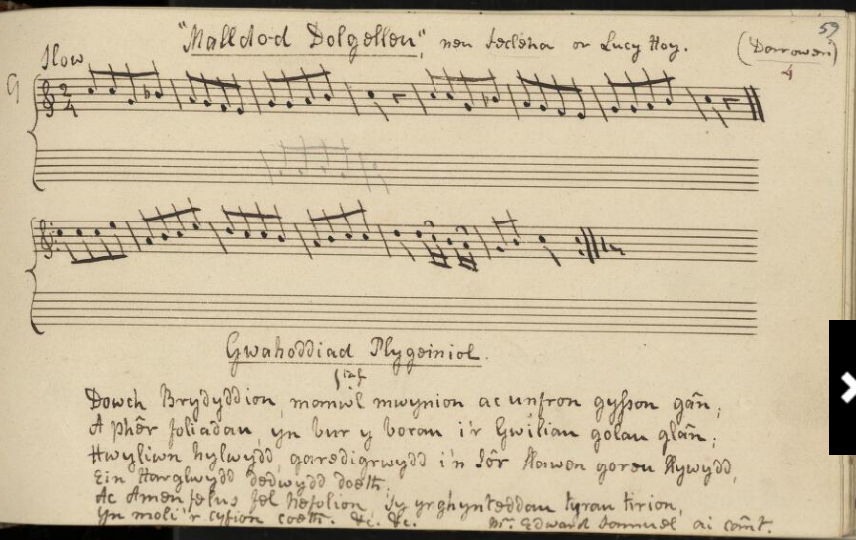 Handwritten sheet music titled 'Malldod Dolgellon' with Welsh lyrics, written in cursive script, on aged paper.