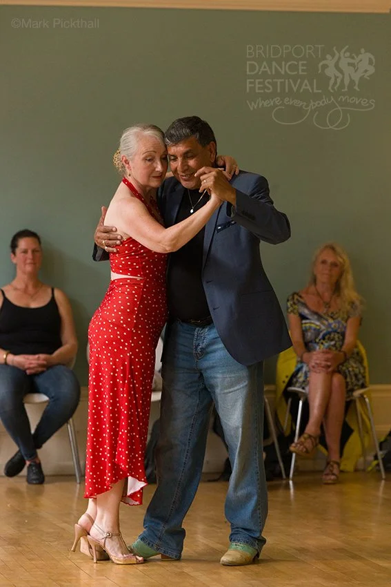 Leo Fandango Acosta and Tracey from Tango Fandango demonstrating during workshop at the Bull Hotel, Bridport