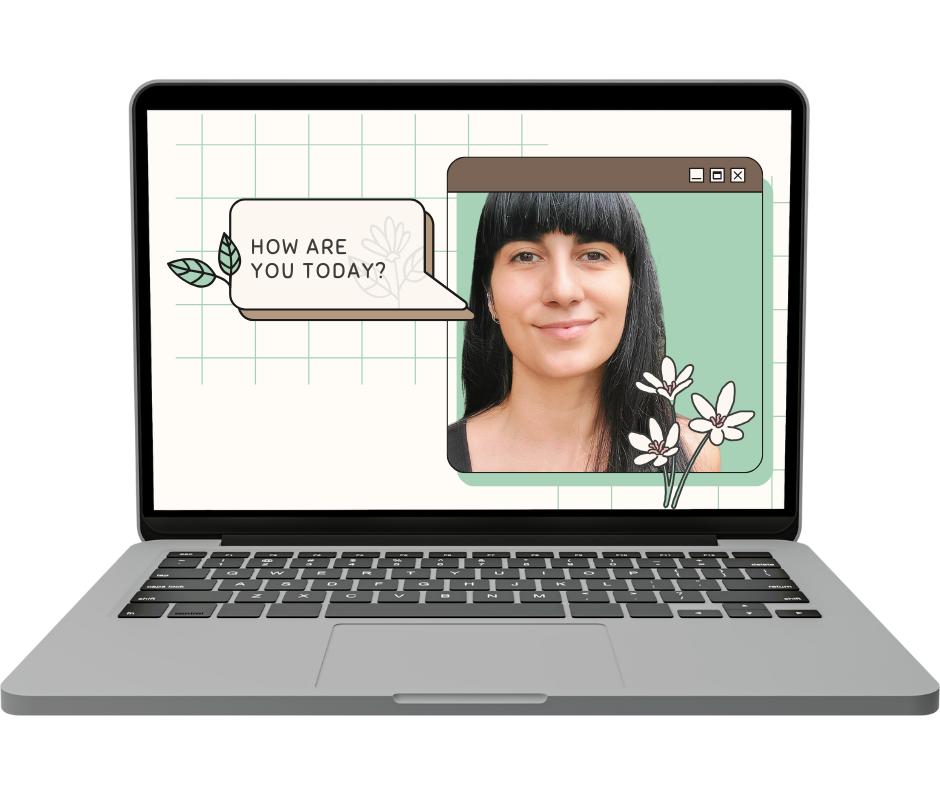 Laptop screen displaying a woman smiling, with a speech bubble saying "How are you today?" and decorative flowers.