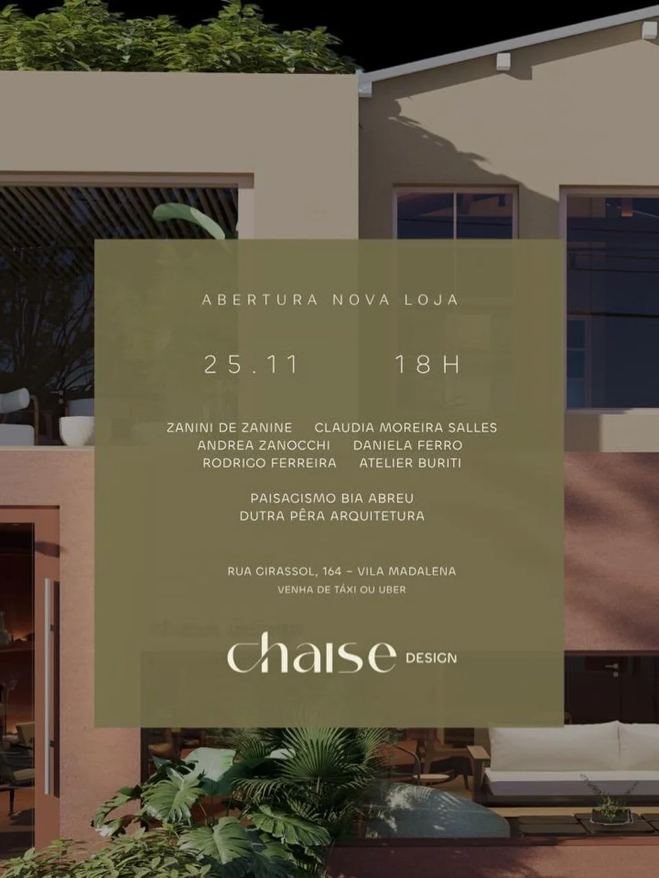 Com grande satisfa&ccedil;&atilde;o que abriremos nossa nova loja na Vila Madalena. 
A *Chaise Design* abre um novo cap&iacute;tulo da sua hist&oacute;ria e queremos celebrar!

No dia *25 de novembro*, inauguramos o *novo espa&ccedil;o*, em um encont