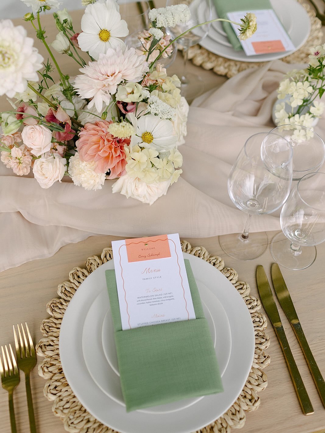 Menus with personality! Sophia and Corey&rsquo;s wedding struck the sweetest balance of whimsical charm and timeless elegance. The menu design perfectly complemented the florals and tablescape, with a pop of color and playful details bringing their c