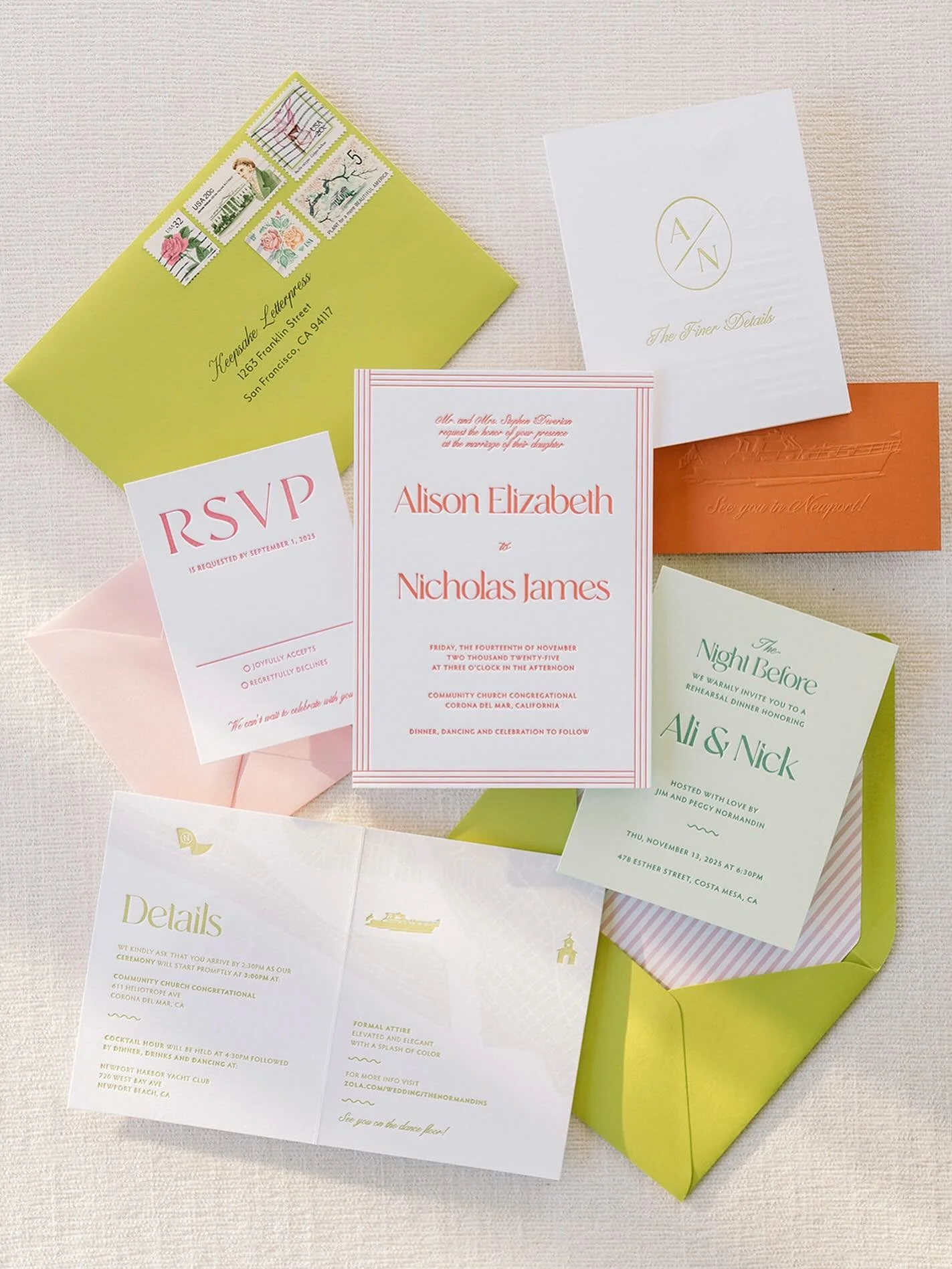 And that&rsquo;s a wrap for 2025 weddings! Ending the year with this colorful and traditional suite with a fresh, modern touch ✨ Congrats, Ali &amp; Nick! 🤍

For @_rhythmevents 
@annieluiphotography.flatlays 

#weddinginvitations #customweddinginvit