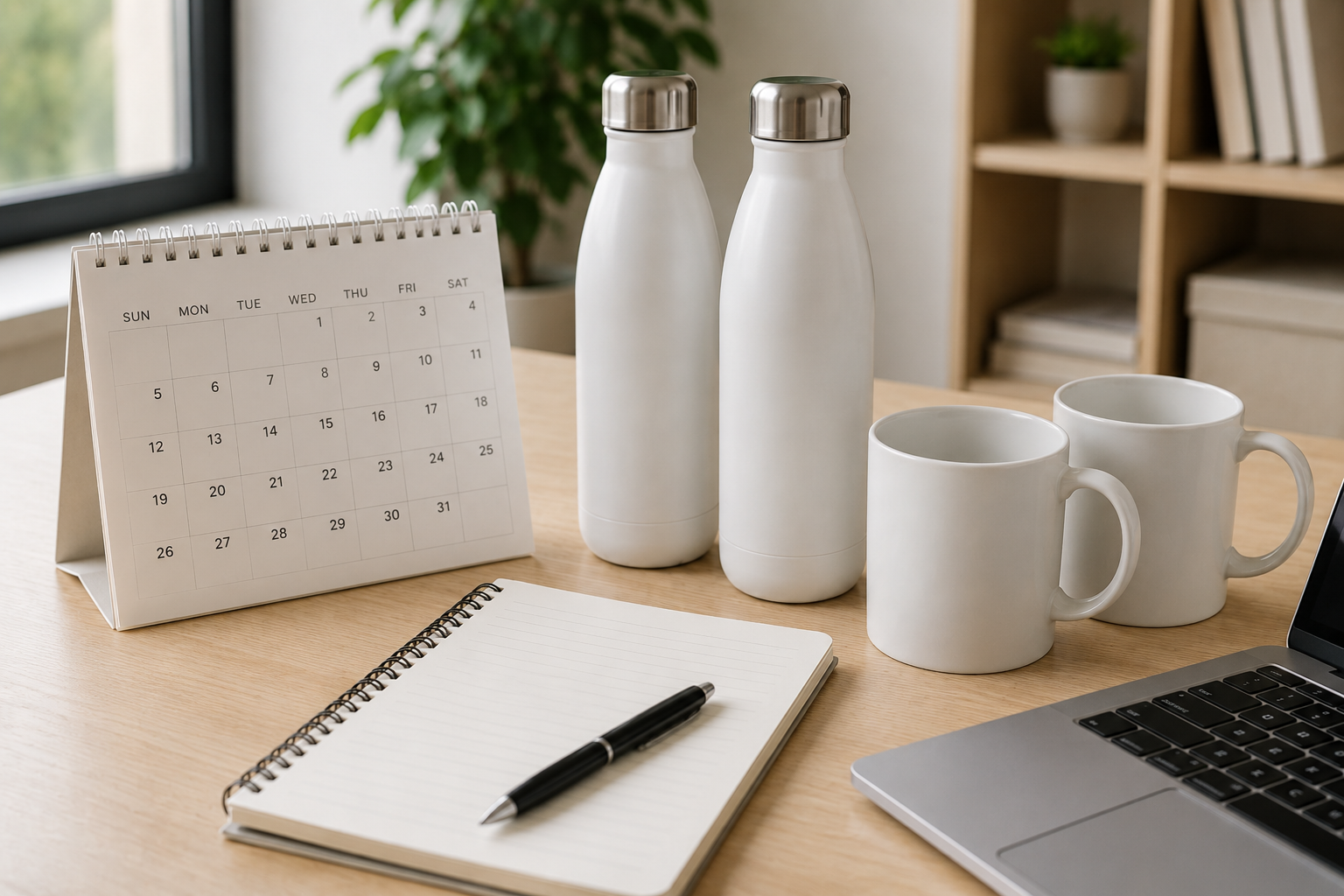 Planung mit Kalender und Produkten auf Holztisch