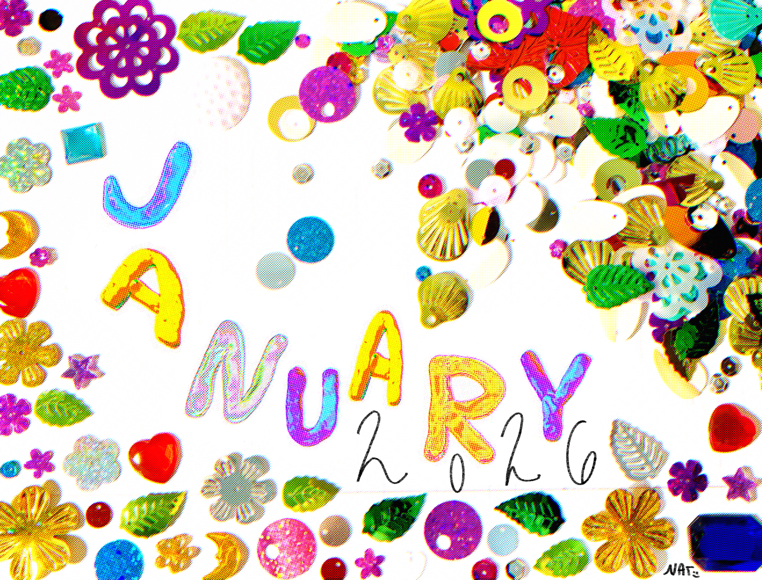 January 2026 calendar top page. 2025. Sequins, plastic gems, digital art. 