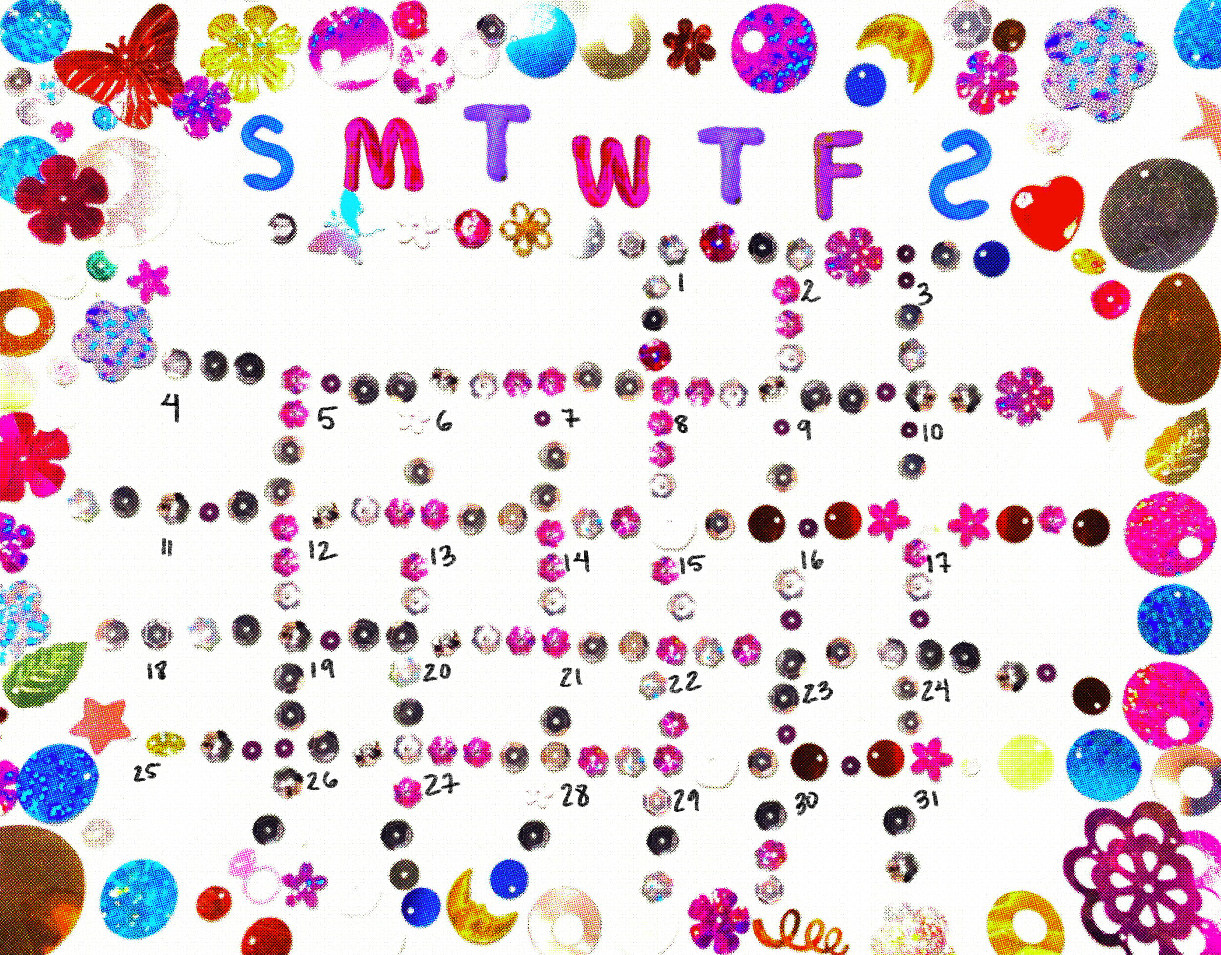 January 2026 calendar bottom page. 2025. Sequins, plastic gems, digital art. 