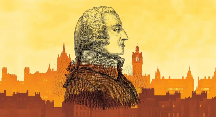 Illustration of a historical figure in profile against a city skyline with a clock tower, in warm orange and yellow tones.