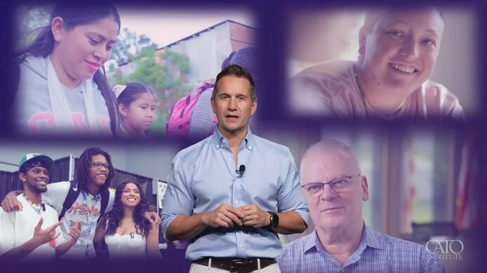 A man standing in front of a digital collage of people of many ages and backgrounds.