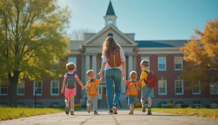 A woman and four children holding hands walk toward a school building on a sunny autumn day.