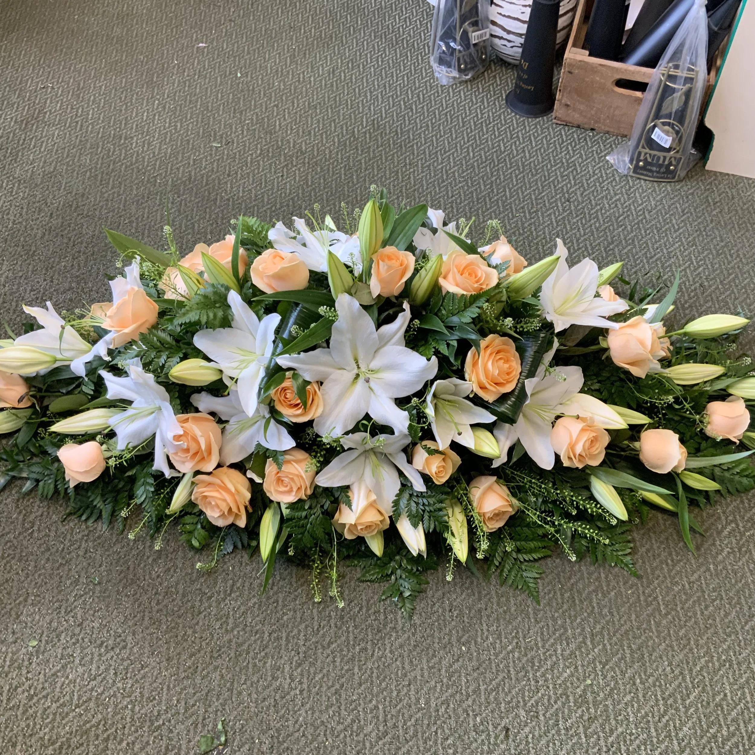 Coffin Spray - Peach Roses & White Lilies
