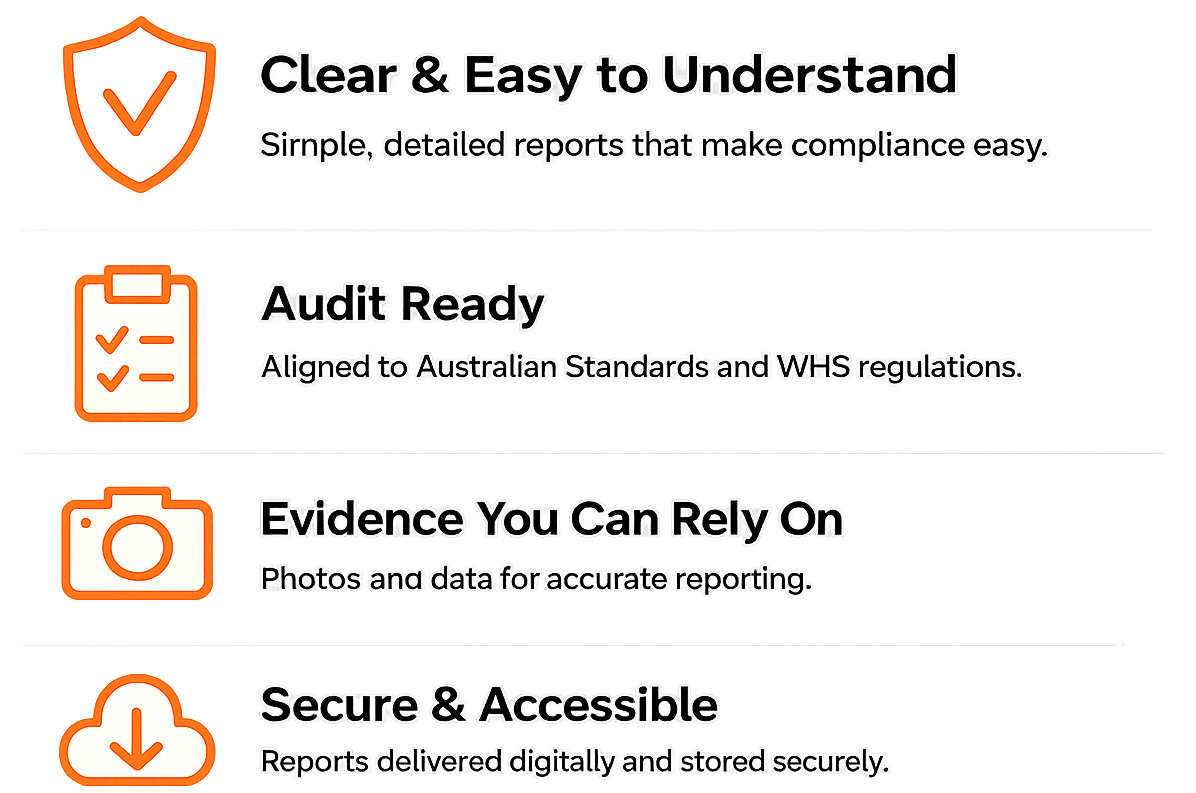 Test and tag reporting features including clear reporting, audit ready documentation, evidence you can rely on, and secure digital electrical compliance reports.