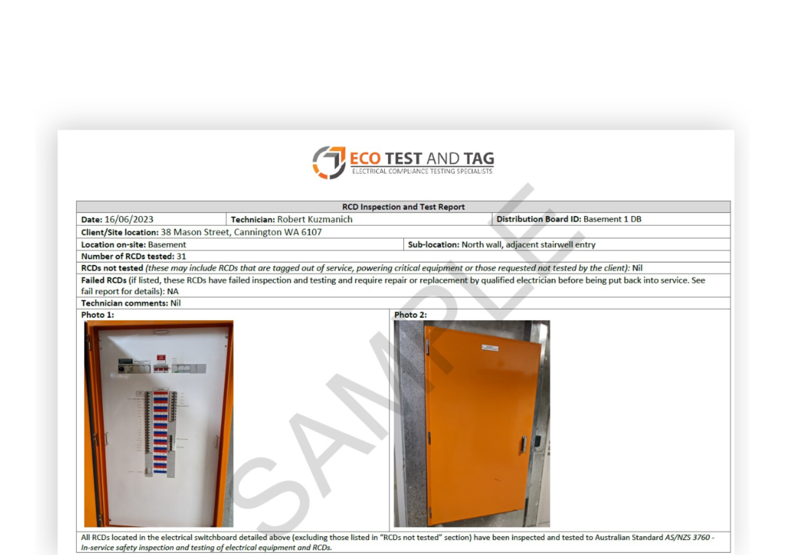 Sample RCD testing report showing residual current device test results, switchboard images and electrical compliance information.