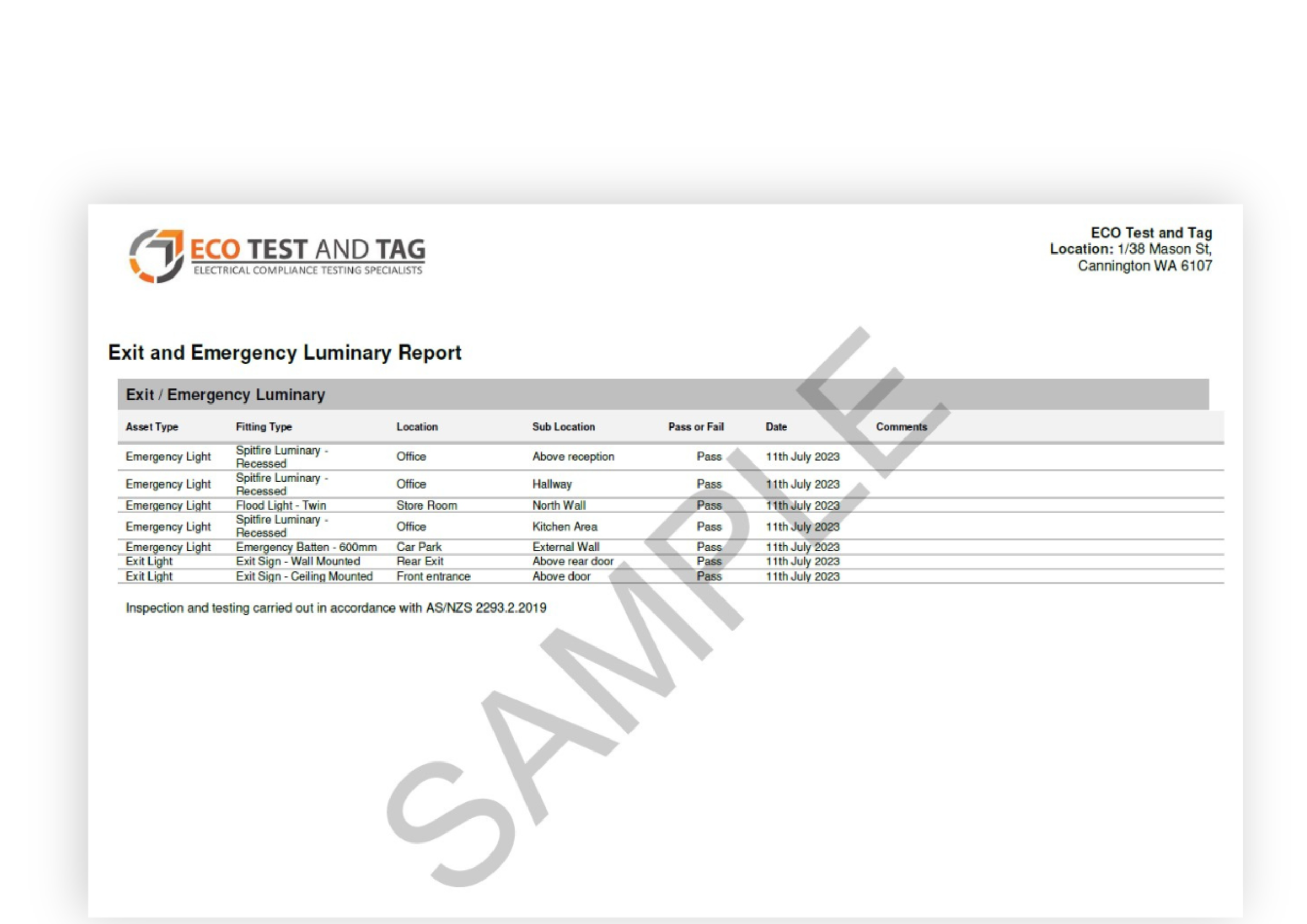 Sample exit and emergency lighting test report showing inspection results, compliance status and emergency lighting records.