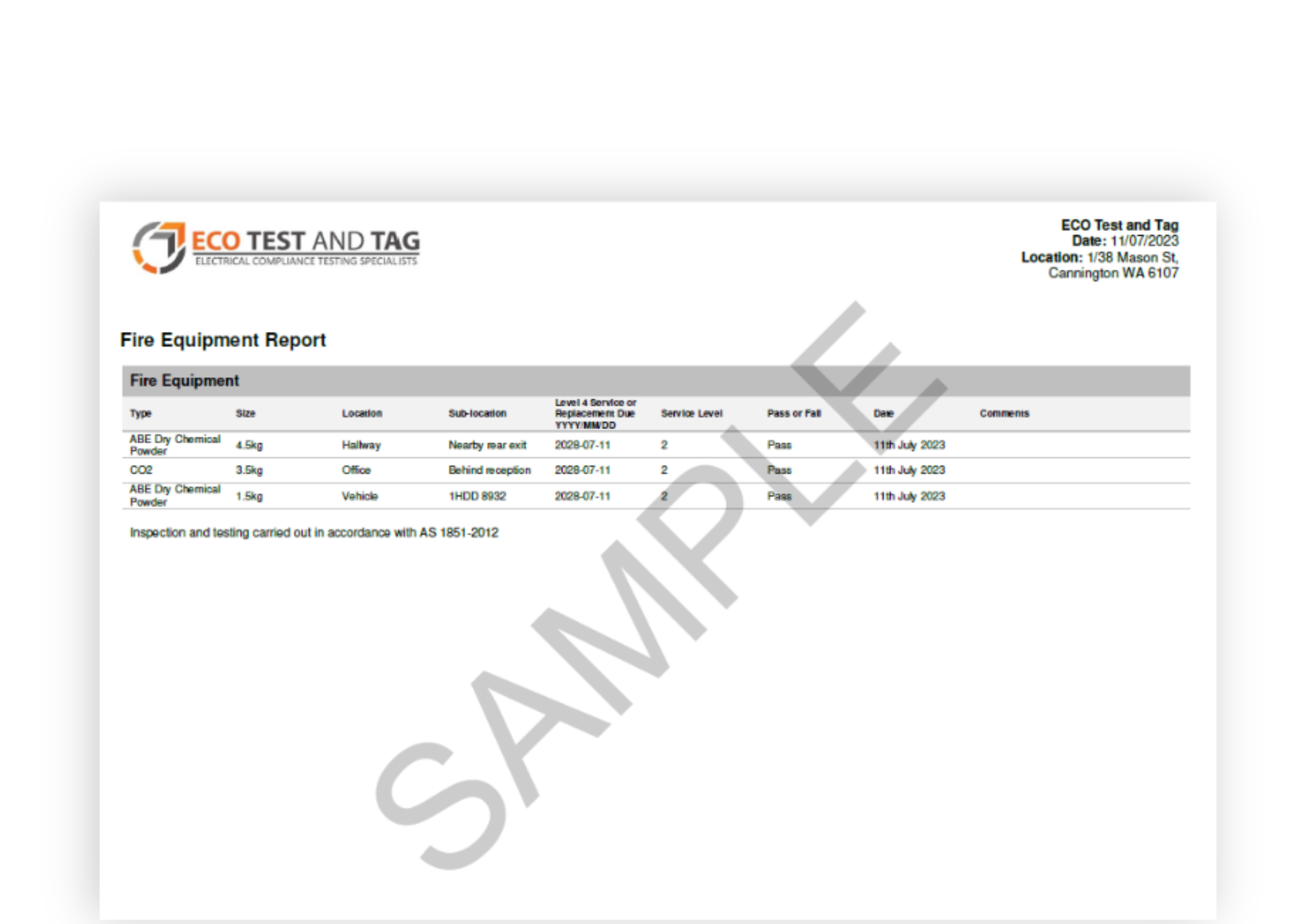 Sample fire equipment inspection report showing compliance records, equipment details and inspection results.