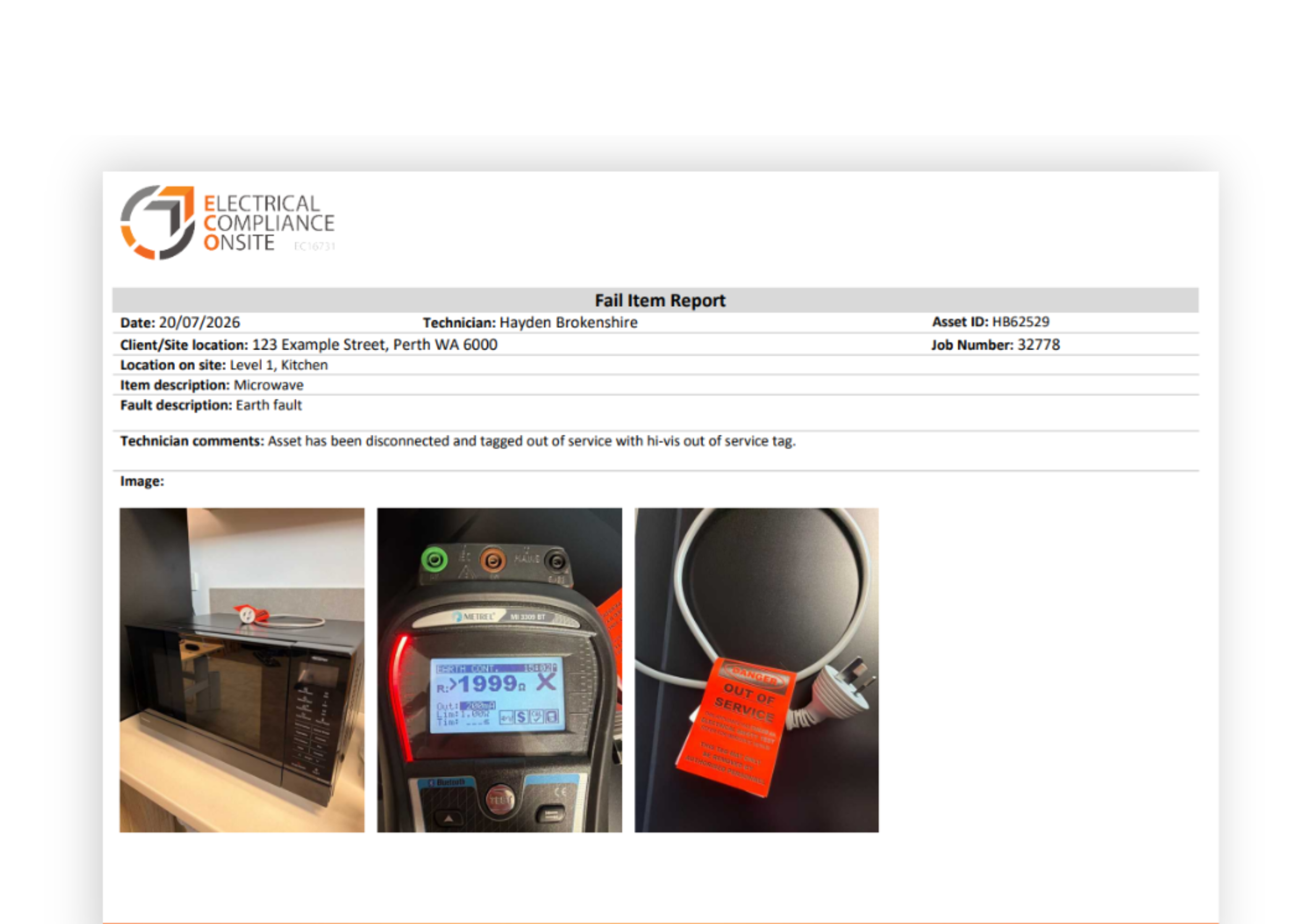 Sample failed electrical item report with photos, fault descriptions, test results and recommended corrective actions following test and tag inspections.