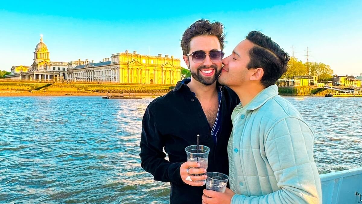 Gay couple on a boat in London, England