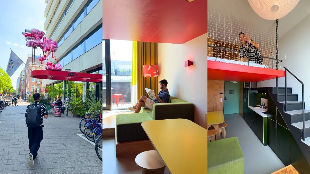 Volkshotel Amsterdam exterior and colorful hotel interior during our WorldPride stay