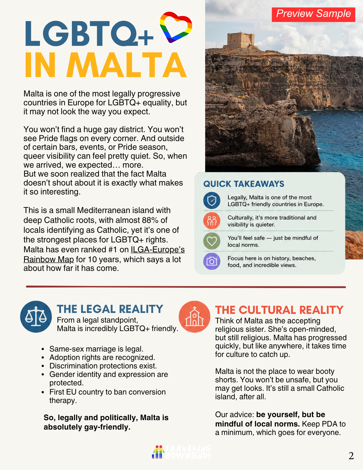 Gay Malta travel guide featuring safety tips, queer-friendly businesses, and travel advice for gay couples