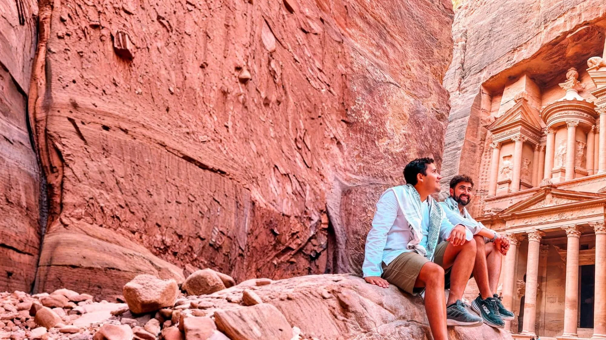Davey and Omie of traveling boyfriends in Petra, Jordan
