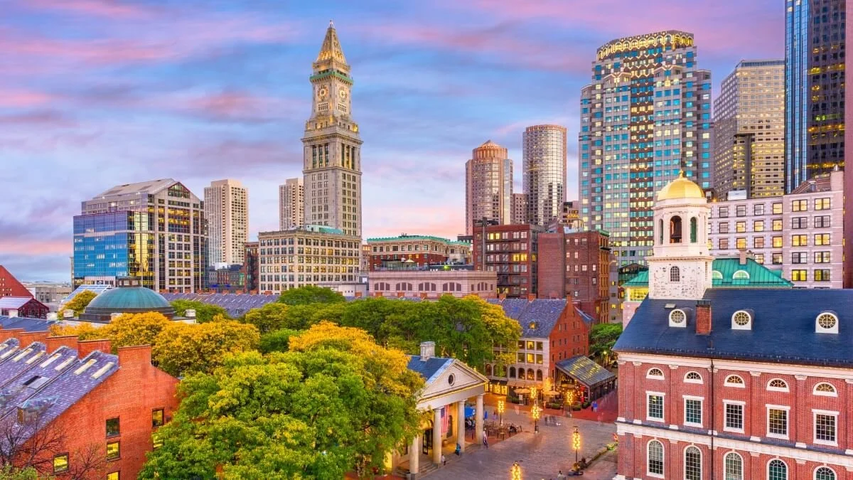 Boston skyline, a historic US city with a strong LGBTQ+ community