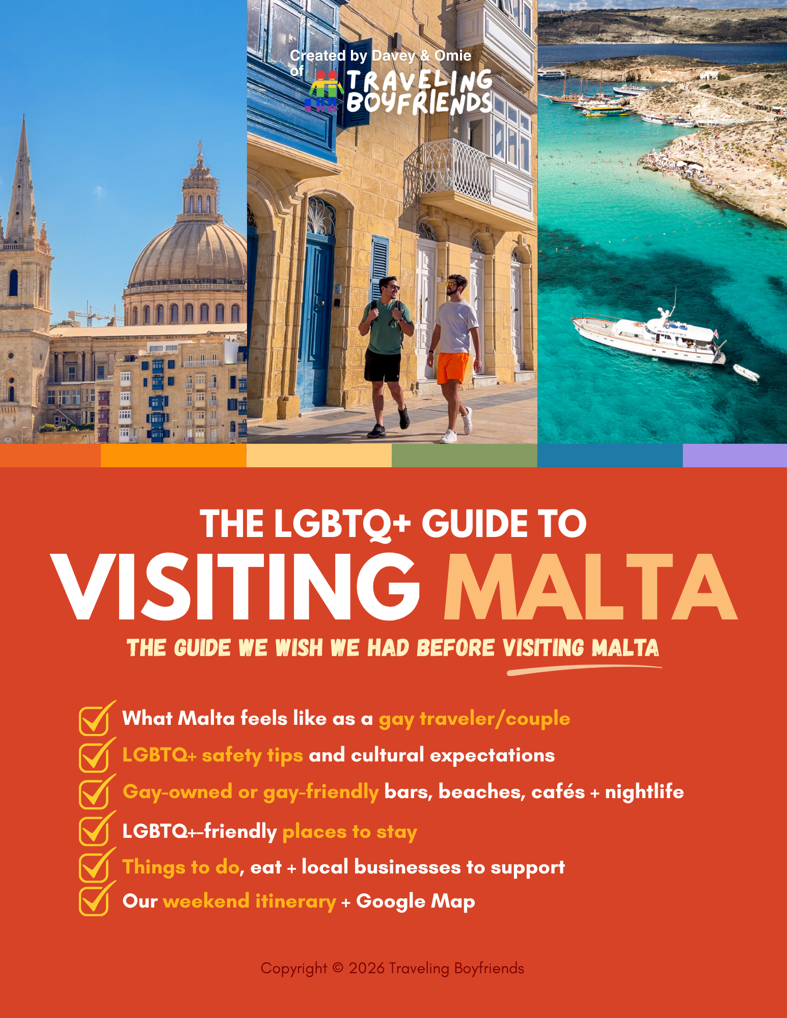 LGBTQ+ Malta travel guide featuring safety tips, queer-friendly businesses, and travel advice for gay couples