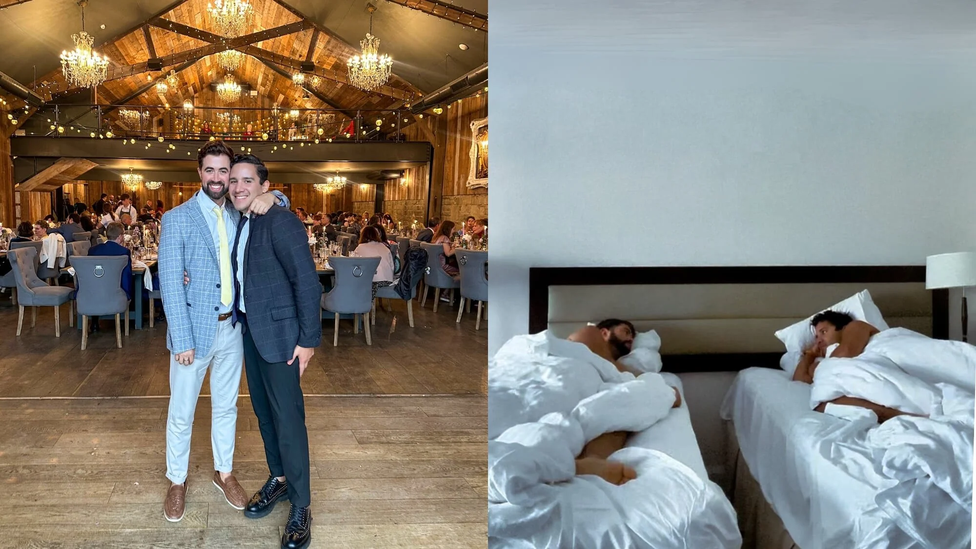 Gay travel couple Davey and Omie sharing hotel beds for LGBTQ+ safety measures