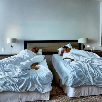 Gay travel couple Davey and Omie twin beds when traveling
