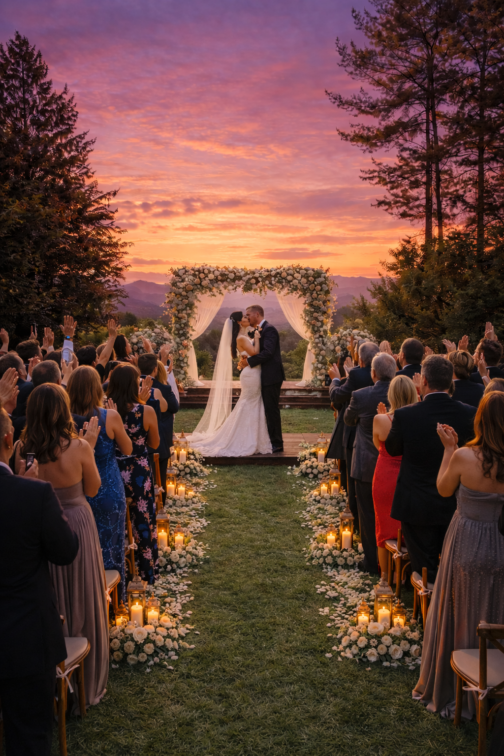 A couple is kissing during a wedding ceremony at sunset. The setting includes an outdoor floral arch, candles lining the aisle, and a scenic mountain background. Mountain wedding ceremony, Brevard Wedding, Asheville wedding. Wedding venue Brevard, NC