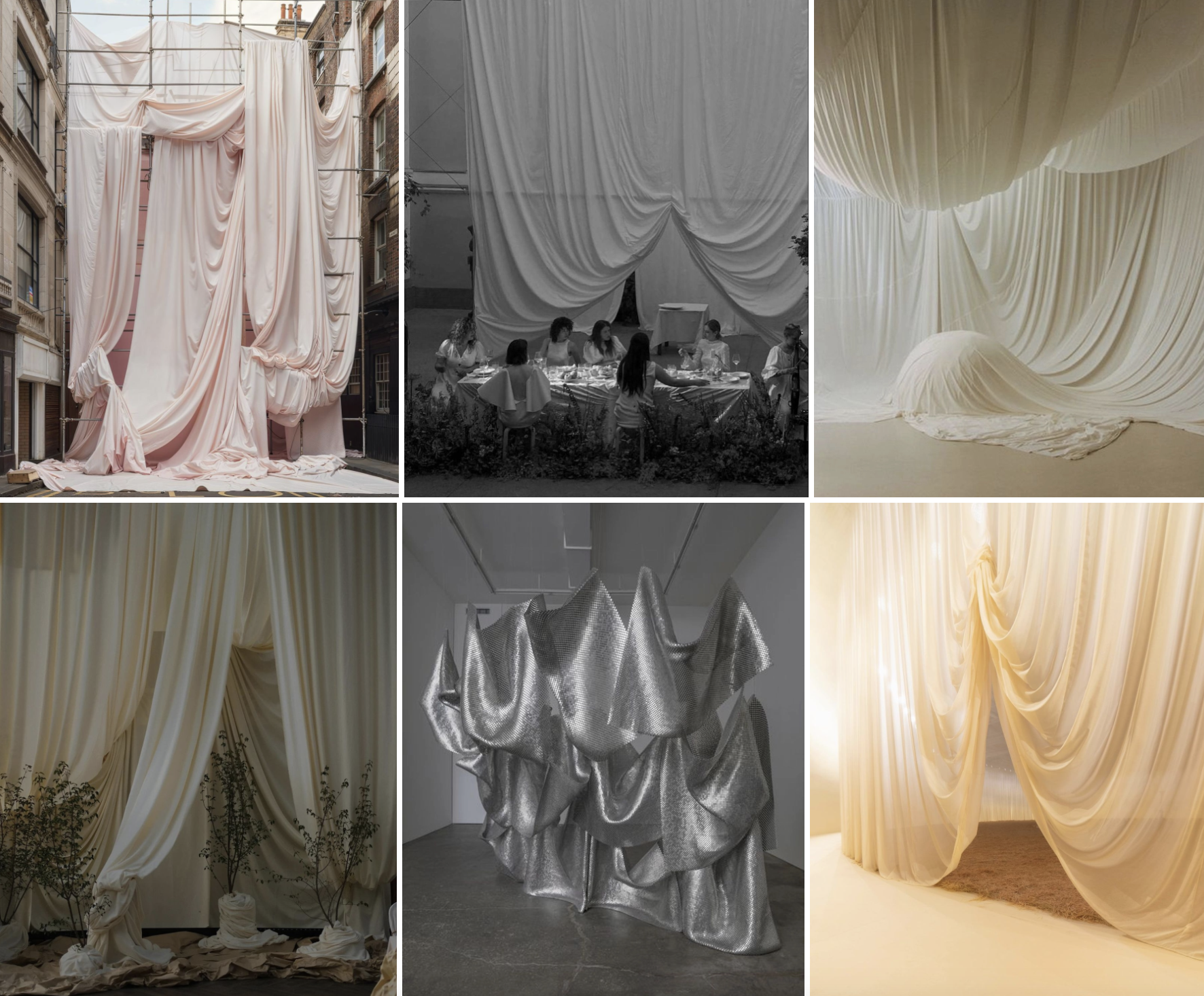 Collection de six images montrant des rideaux et des draperies de différentes textures, couleurs et styles, dans divers environnements déco et artistiques.