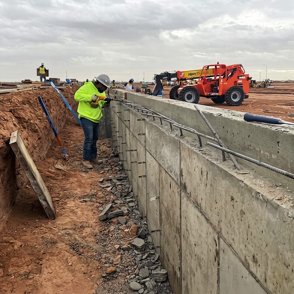 Construction worker in a neon yellow safety jacket and hard hat working on a concrete wall at a construction site with dirt, rocks, and construction equipment in the background.