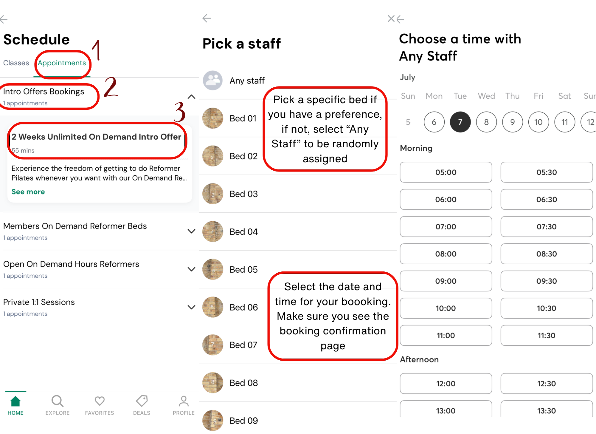 Words and red boxes on screenshots of booking system