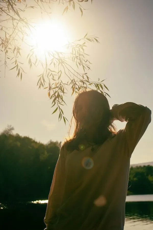 a person under a tree with the sun shining