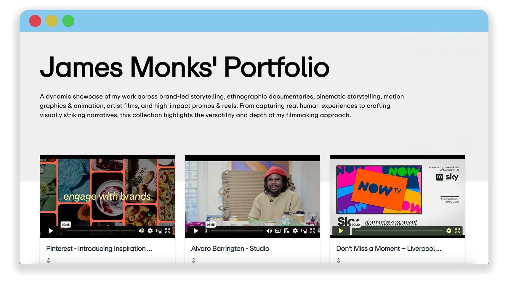 Screenshot of a filmmaker’s portfolio website showcasing brand storytelling and documentary projects.