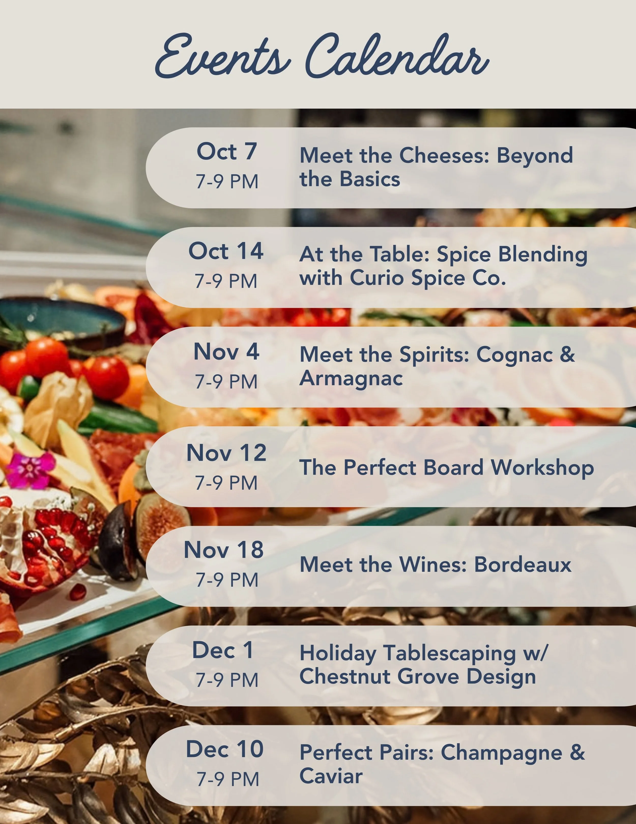 We&rsquo;ve been planning something good for fall. 🍂

Our full event calendar is here! From spice blending to Cognac &amp; Armagnac to the perfect Champagne pairing. 

Tickets for the first four classes are live now, with more going up soon. Link in