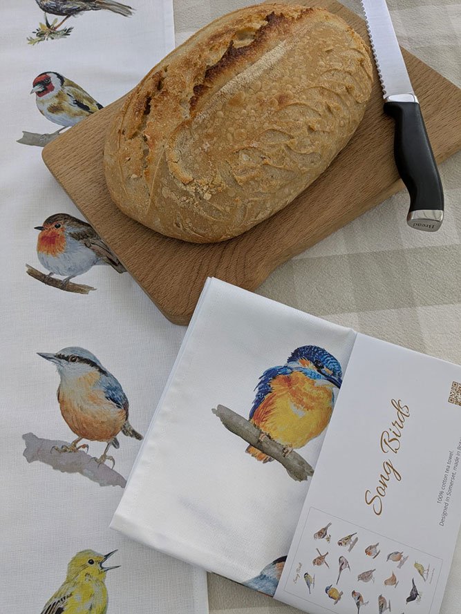 Detail of Song Birds Tea Towel with Marks Sour Dough Loaf