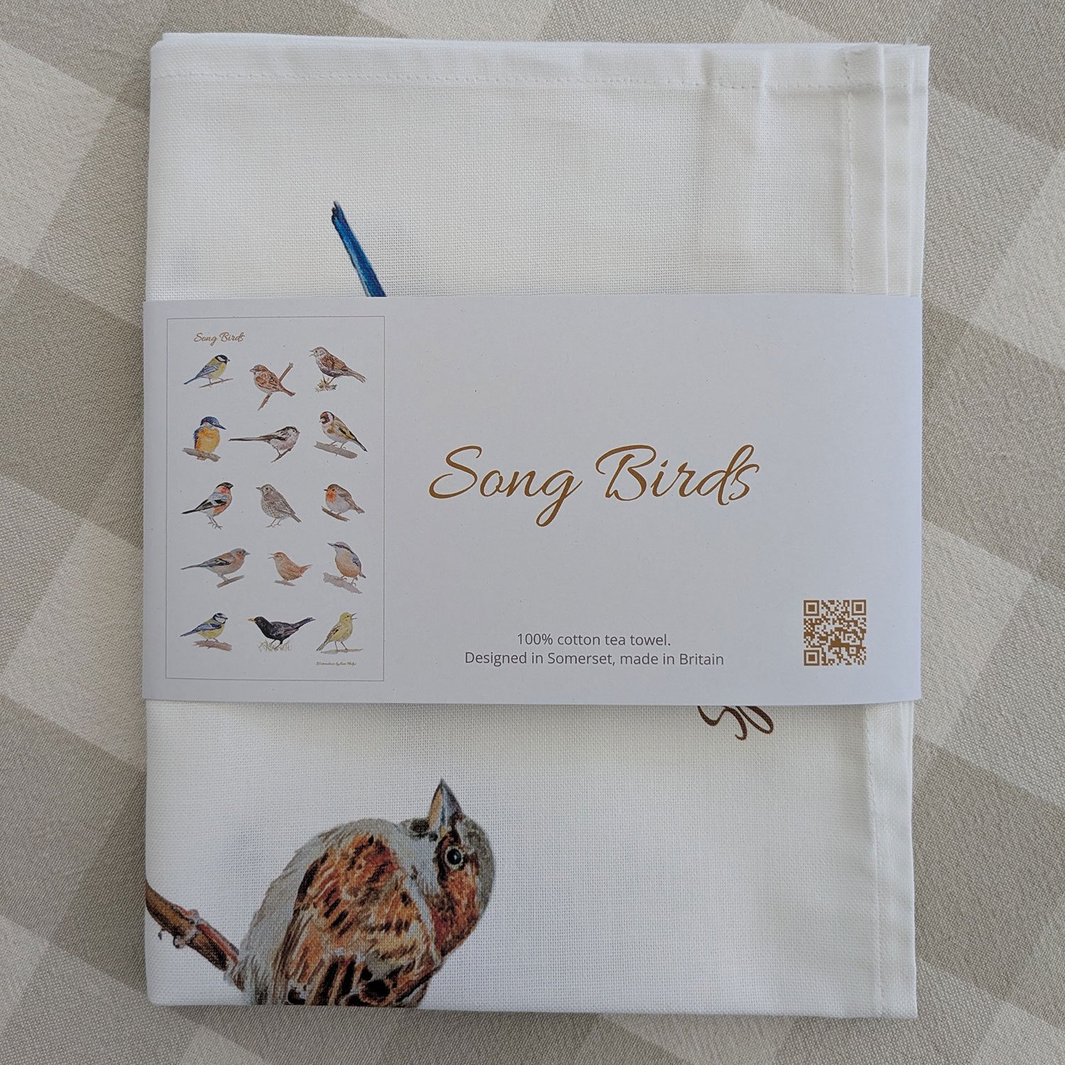 Song Birds tea towel with presentation wrap