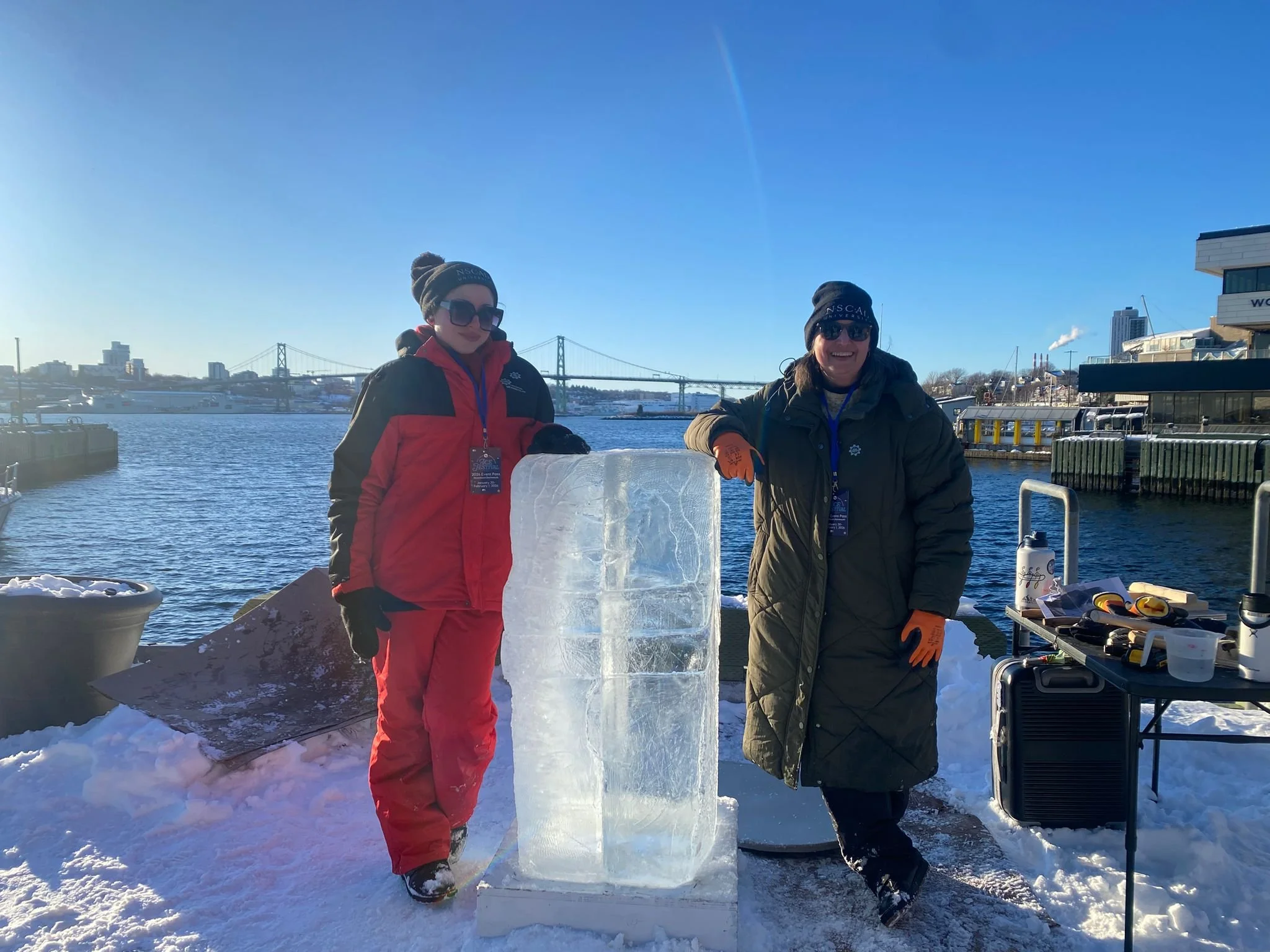 "The Kiss" ice sculpture collaboration with master sculptor Jessica Winton at the 2026 Dartmouth Ice Festival. 