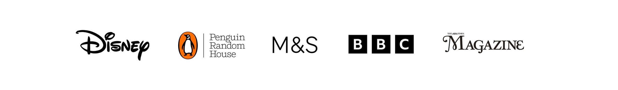 Logos of Disney, Penguin Random House, M&S, BBC, and The Times Magazine in a row on a white background.