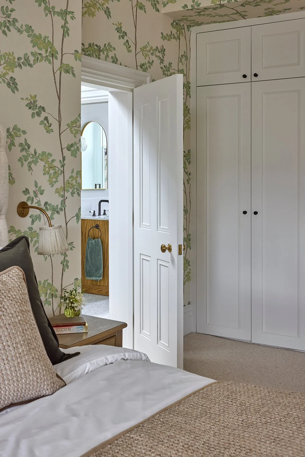 ensuite-bathroom-bedroom-built-in-wardrobe-chic-traditional-floral-wallpaper-neutral