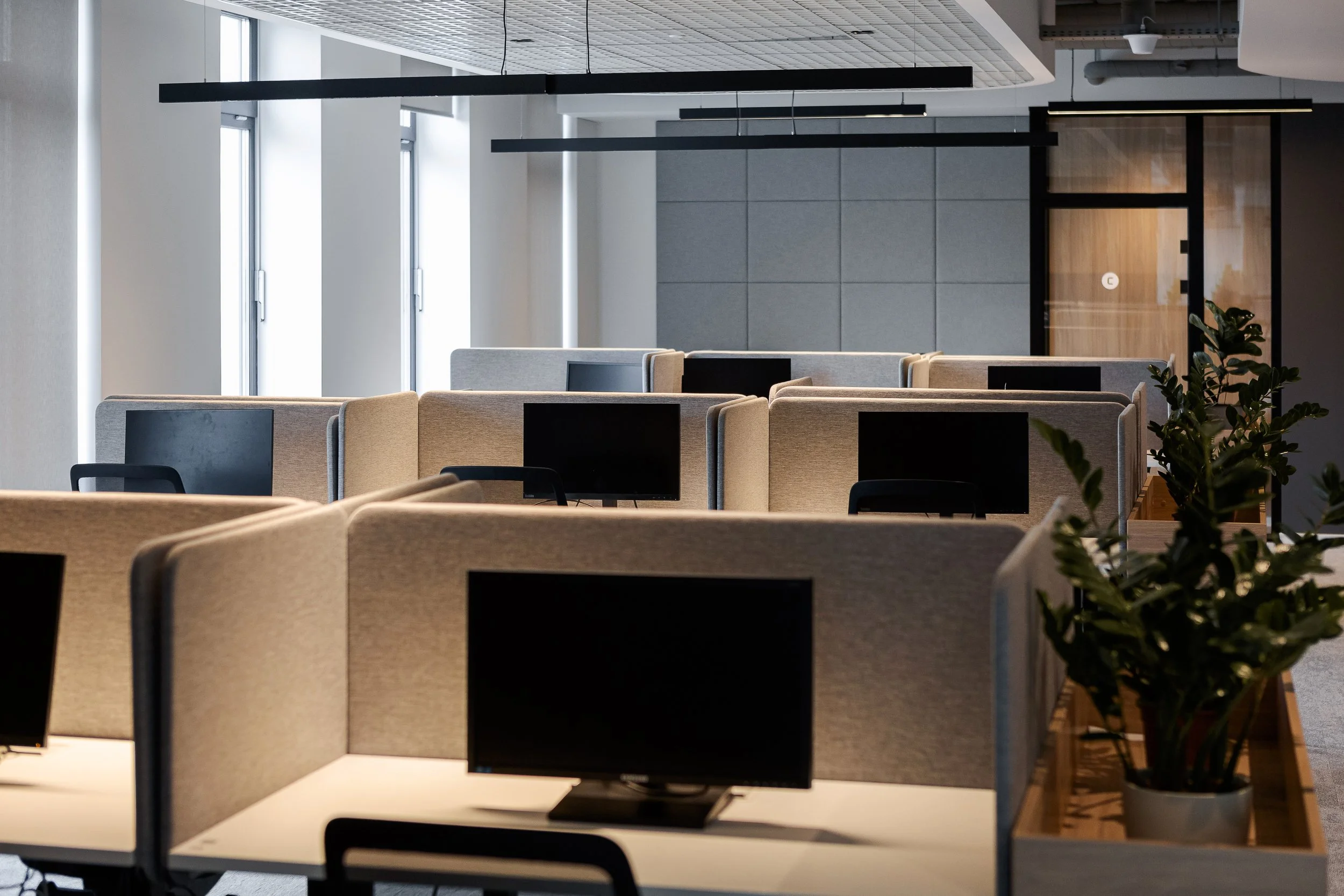 cozy working desk set with grey fabric acoustic partitions in office open space  
