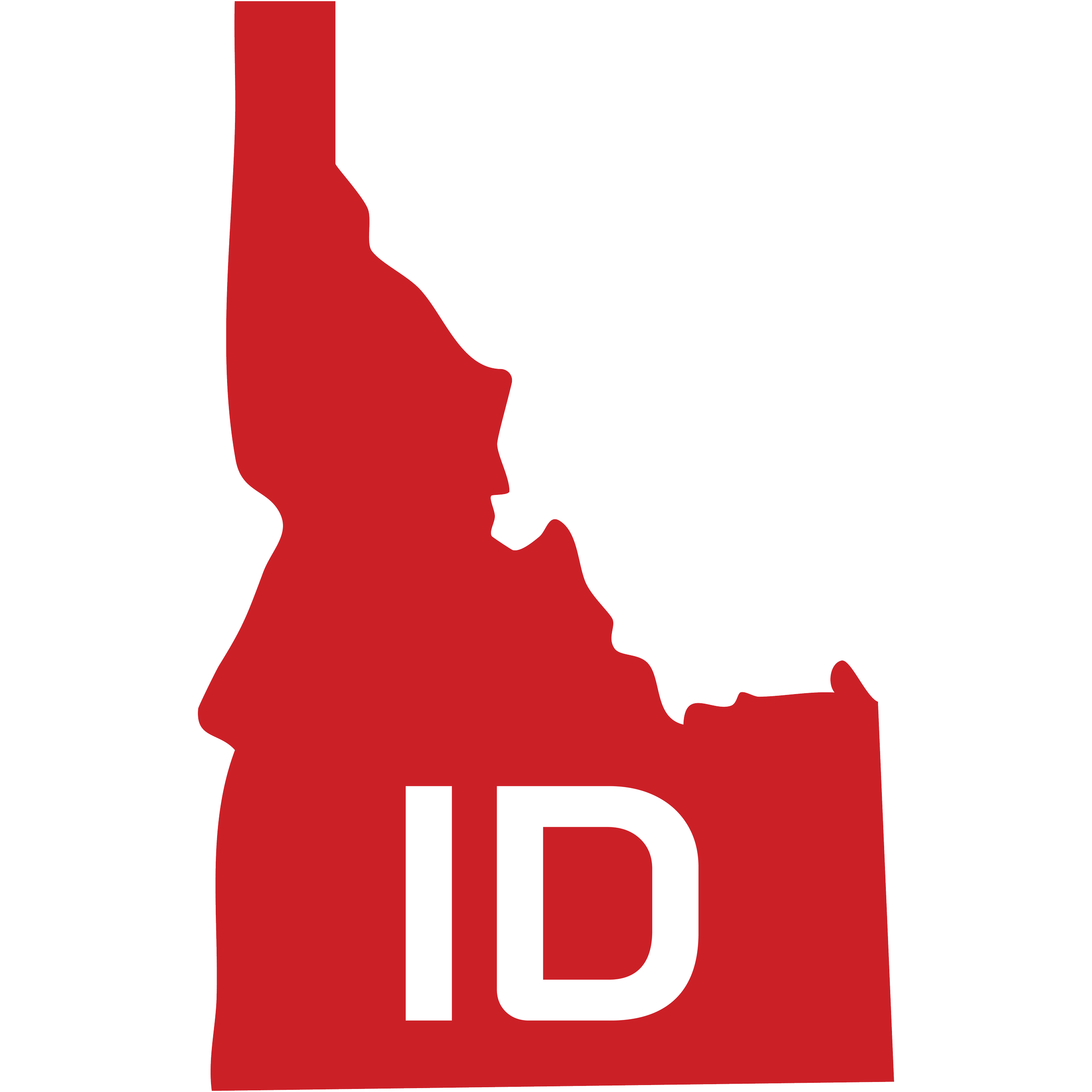 An outline map of the state of Idaho colored in red with the white text 'ID' at the center.