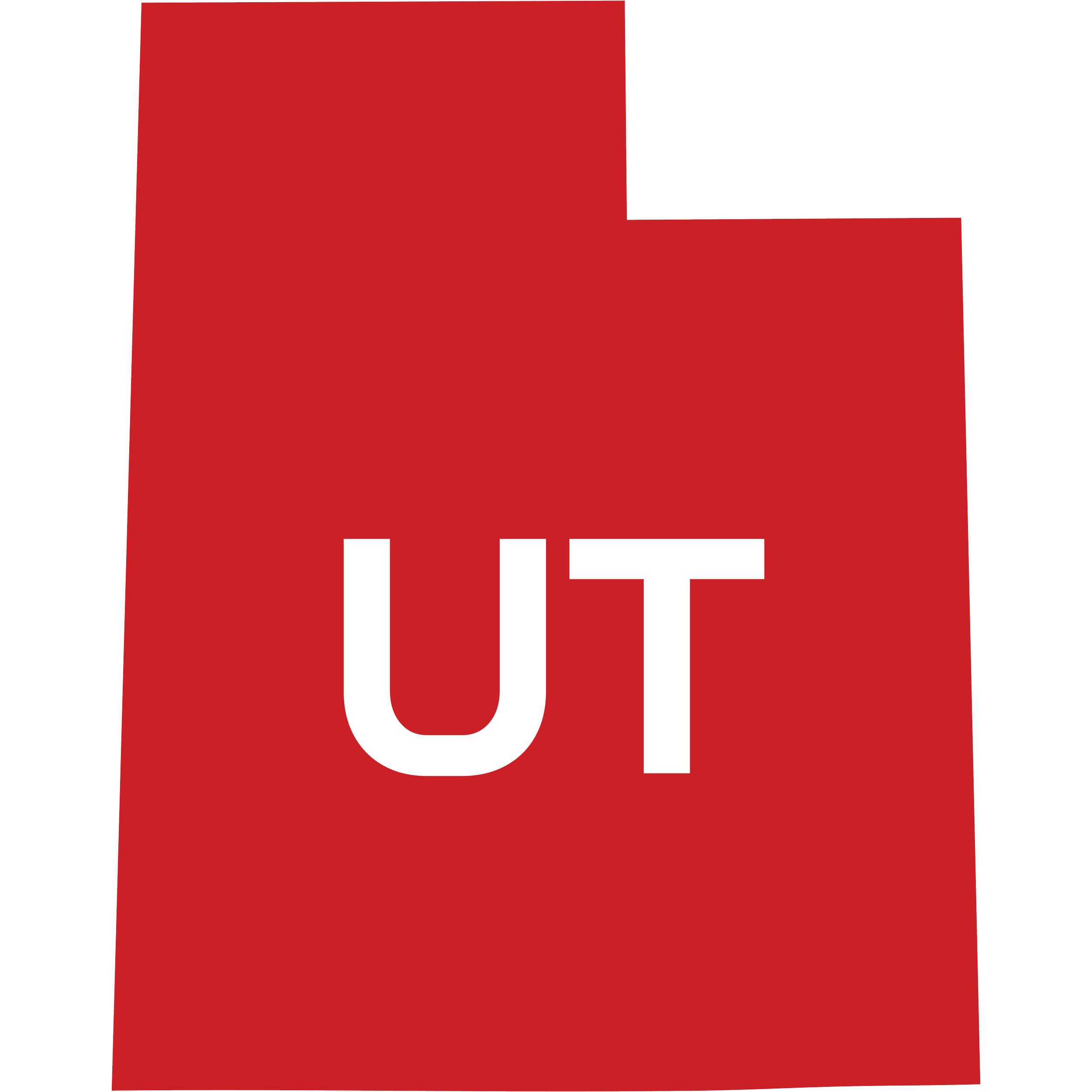 Red shape with white letters 'UT' on it.