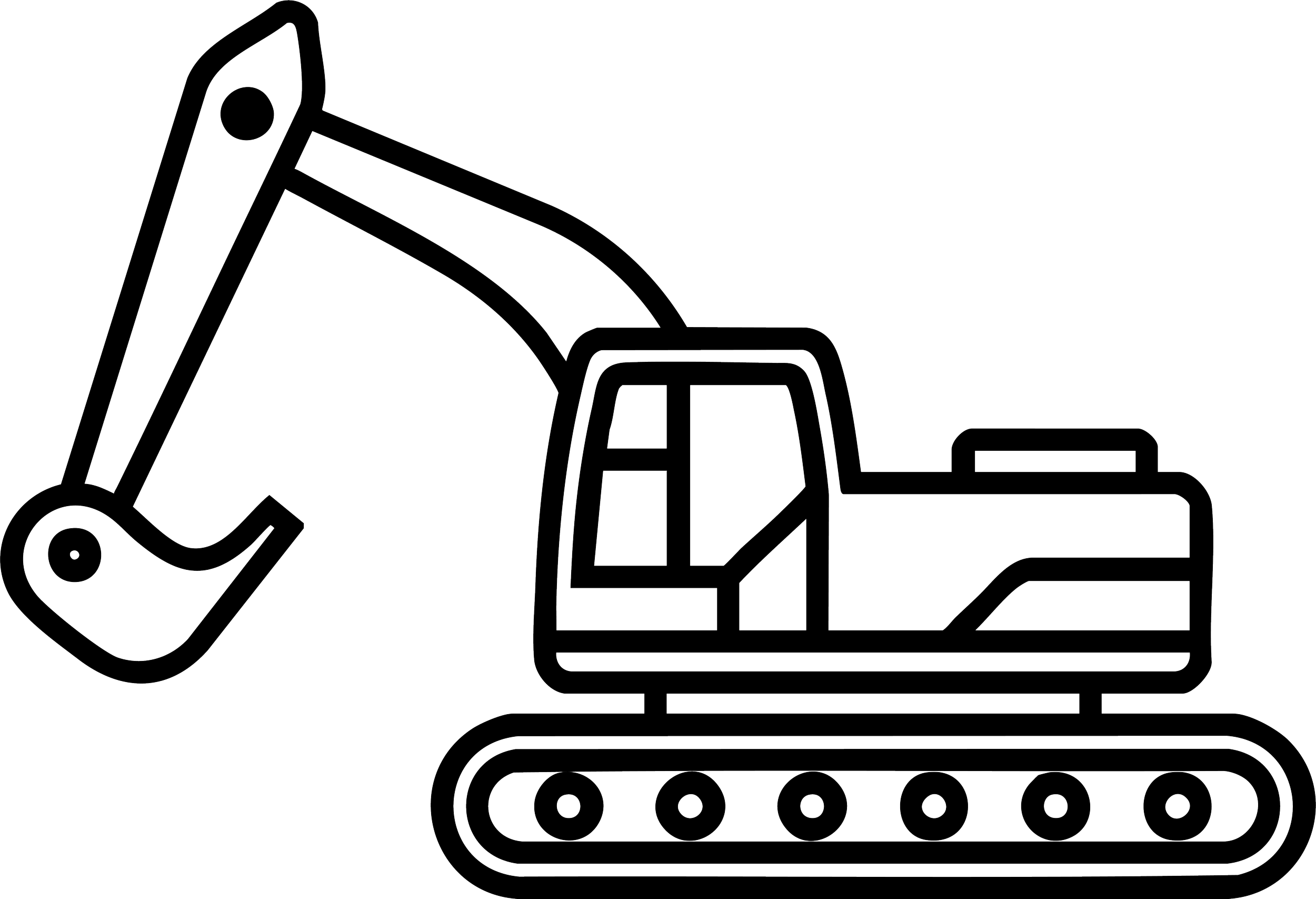 Line drawing of an excavator with a long arm and track wheels.
