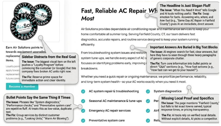 Annotated sample report demonstrating how AI search engines read an HVAC website, highlighting issues with generic headlines, buried answers, and repetitive content.