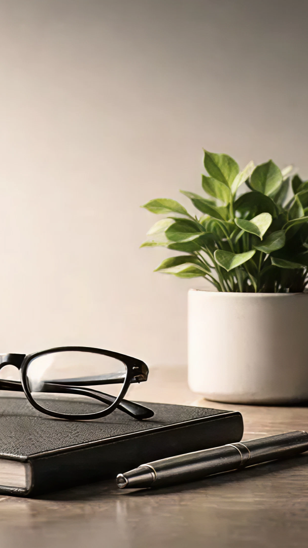 A pair of black eyeglasses resting on a closed notebook with a pen beside it and a potted green leafy plant in the background.
