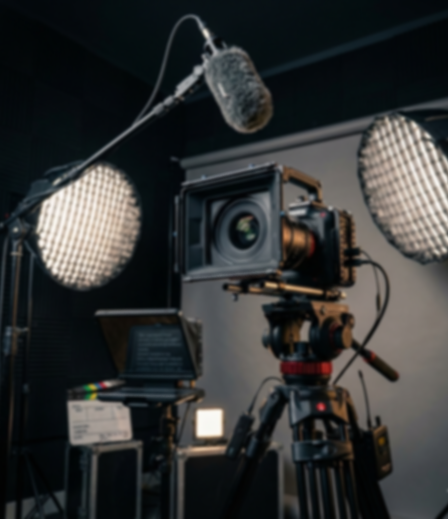 Video camera set up in a recording studio with studio lights and a dark background.